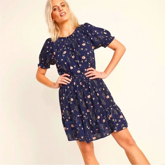 Old Navy | Dresses | Old Navy Smocked Waist Puff Sleeve Navy Floral Dress  Womens Xl Boho Western | Poshmark
